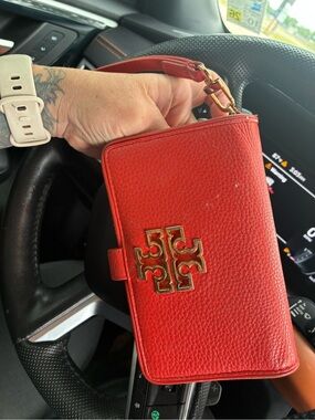 Tory Burch Red Pebbled Leather Wristlet with Gold Logo Plate